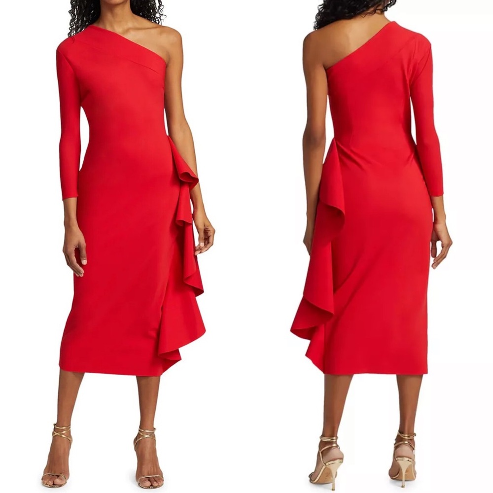 Chiara Boni Red One-Shoulder Ruffle Midi Dress